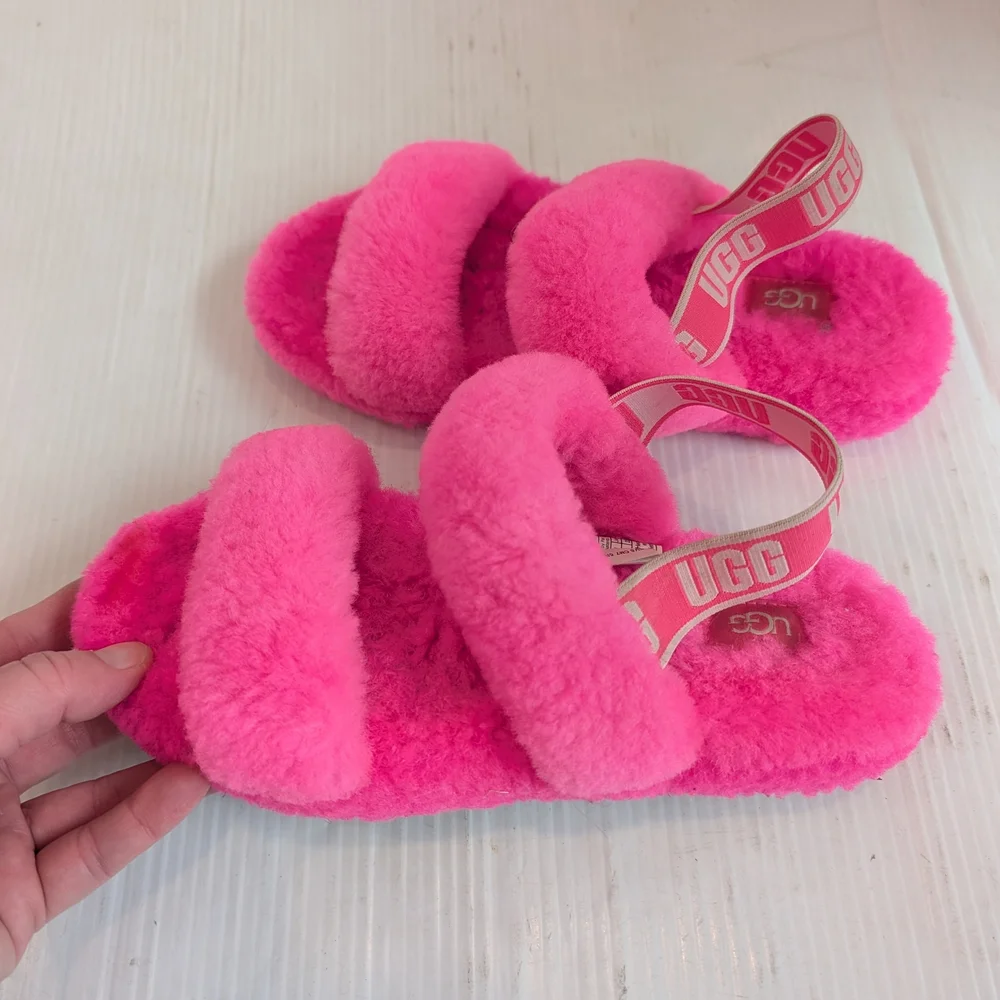 UGG Oh Yeah Slide Kids Fuzzy Pink Slingback Slippers Size 4